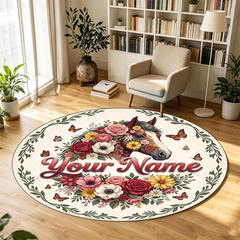 Floral Flowers (891) Theme Circular Crystal Velvet Carpet Customized Name & Text Round Soft Floor Rug For Living Room Bedroom Decor