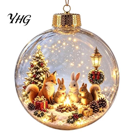 Glowing Christmas Tree Ornaments Lighted Ball Ornaments, 3D Miniature Scene Hanging with Warm LED Led Globes Light, Clear Acrylic Bauble Decoration