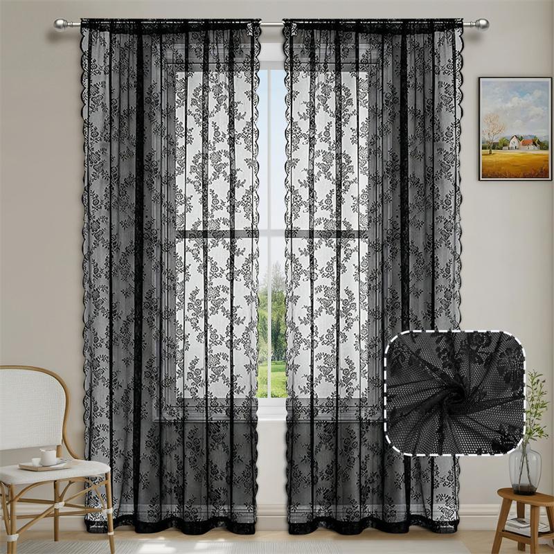 1pc Romantic Lace Sheer Curtain Flower Lace Window Curtains for Living Room Bedroom Home Window Screening Rod Pocket