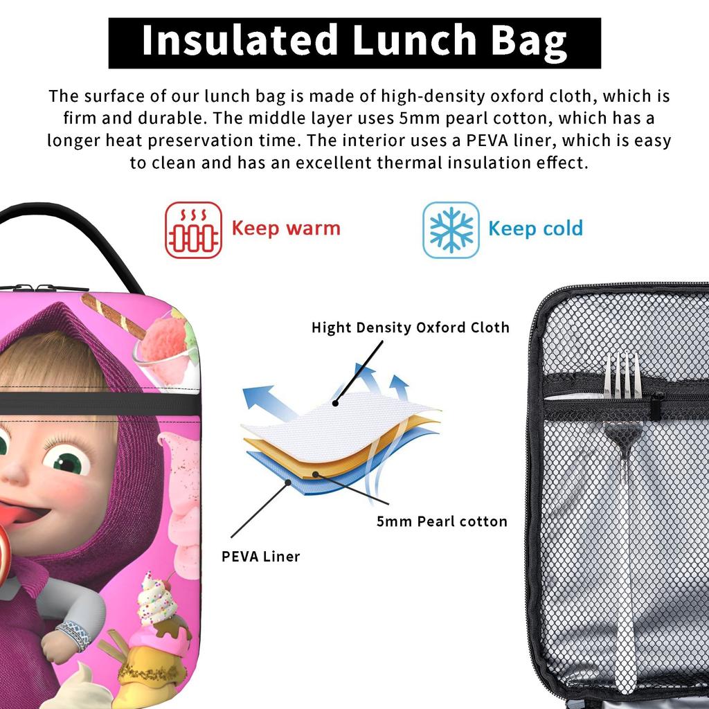 Love M-Masha Plus Bear Thermal Lunch Box Thermal Carrier Reusable,Lunch Container High Capacity Tote Lunch Box College Outing
