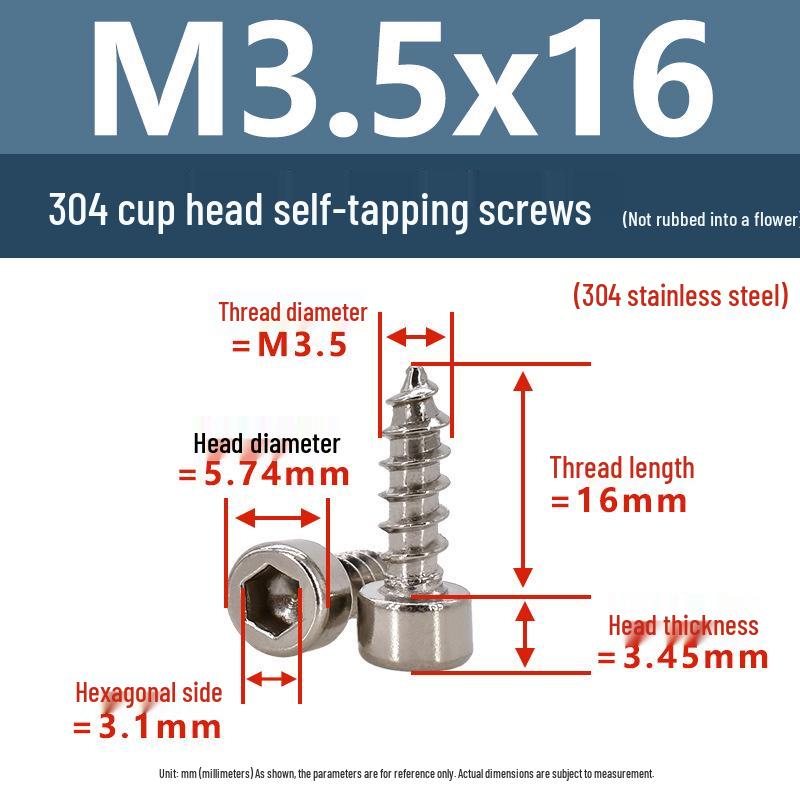304 Pan Head Self-Tapping Coarse Thread Screw M1.7-M6 with Hex Socket