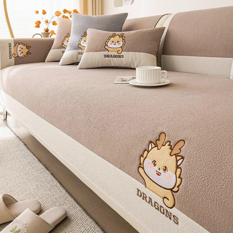 Teddy Velvet Cartoon Sofa Cover Universal Living Room Embroidery Sofa Cover Non-Slip Sofa Backrest Armrest Cover Cushion Cloth