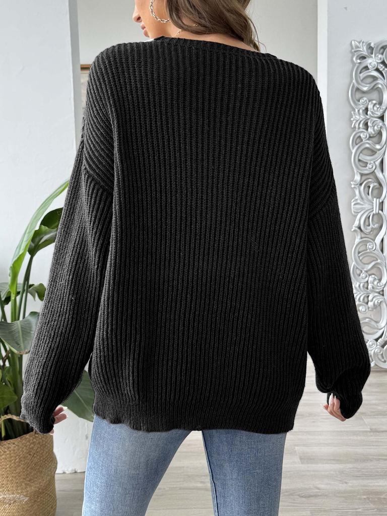 European & American Women's Color Block V-neck Loose Knit Sweater 