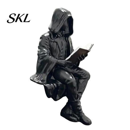 Dark Fantasy Figurine Gothic Reading Figurine, Mystery Hooded Figure Sculpture, Mysterious Atmosphere Decor Resin Sitting Grim Reaper Statue S A