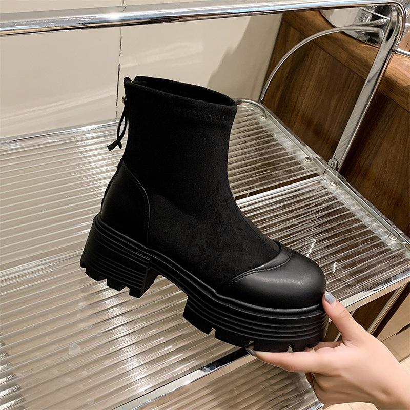 

2025 осень и зима новые универсальные короткие ботинки с замшевыми рукавами женские ретро британские ботинки Мартина на толстой подошве и толстом каблуке, ботинки рыцаря 40 чёрный