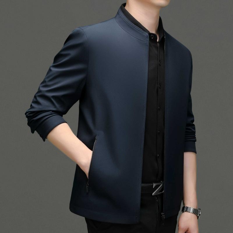 Men's High-end Stand-up Collar Mulberry Silk Jacket Spring and Autumn New Middle-aged Solid Color Casual Thin Jacket Dad Style Men's Clothing
