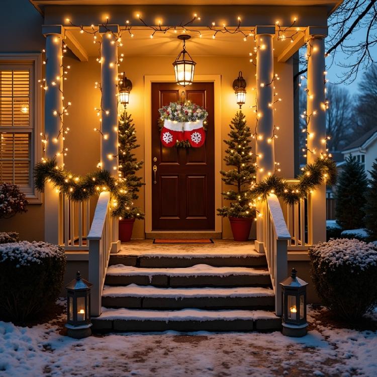 Faux Branches Christmas Mitten Wreath with LED Light Multiple Lighting Mode Festives Front Door Wall Hanging Decors