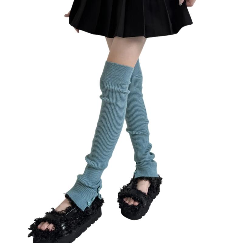 Japanese Ballet Styles Thigh High Leg Warmer Ribbed Knitted Split Buttons Over Knee Footless Socks for Fashionable Women