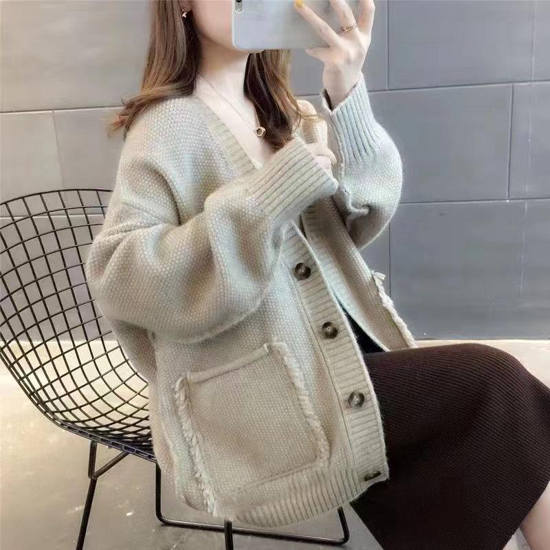 Lazy Wind Solid Color Fringe Sweater Jacket Women's Autumn Loose Single-breasted Knitted Cardigan