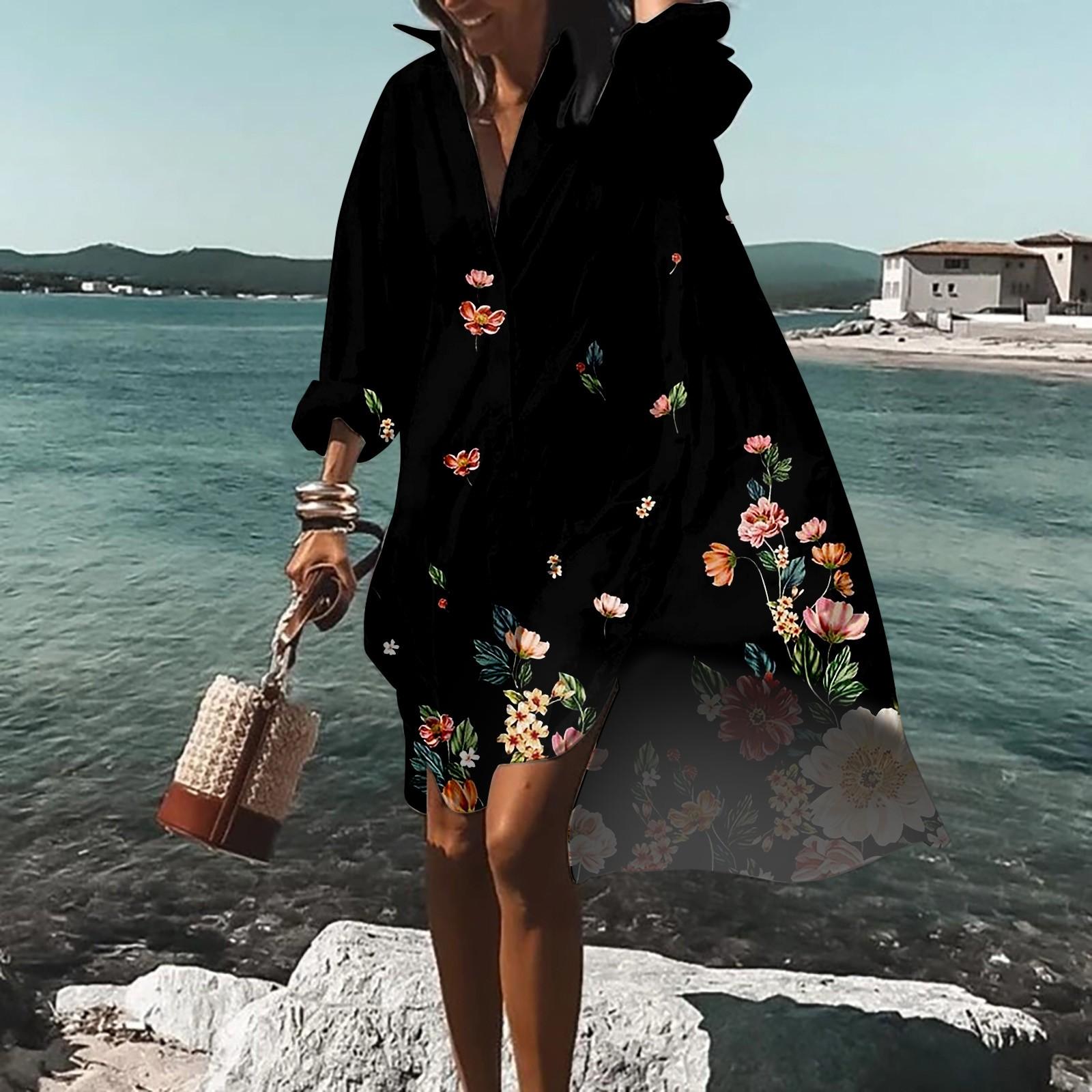 

Женское летнее богемное платье, повседневное платье-рубашка с принтом для женщин, модное пляжное гавайское платье с длинным рукавом, Клубная одежда на пуговицах XXL