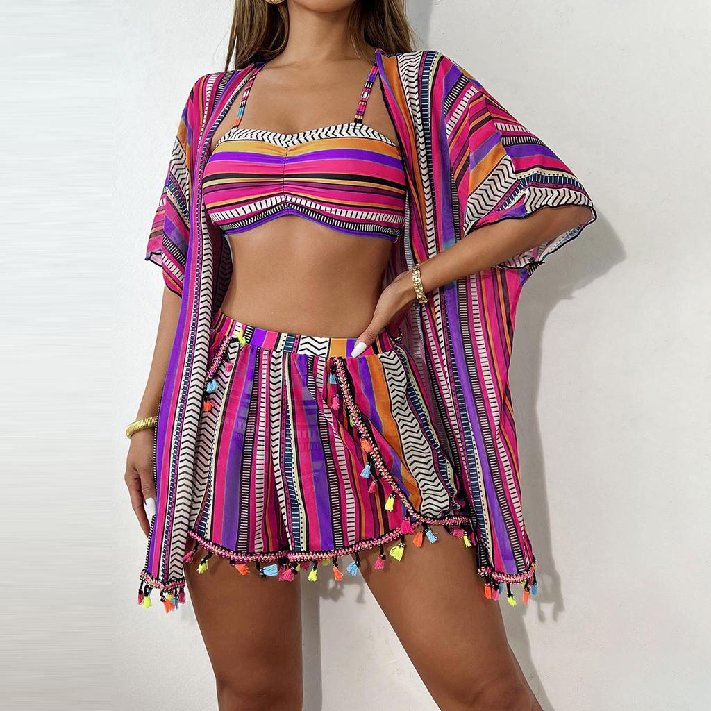 Set Bikini Sexy Trendy a 4 Pezzi con Laccetto da Collo Stampato e Spacco