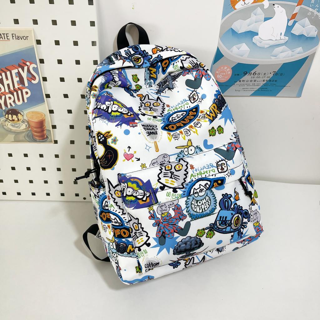 Schoolbag Backpack Men's 1 Trend Graffiti ins Large Capacity Fashion Printing Student Women's Backpack Waterproof and Wear-resistant White Ditch