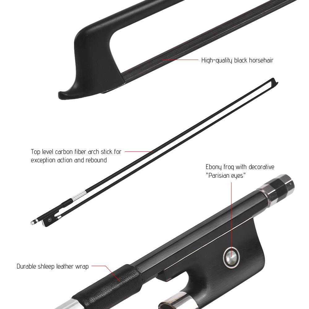 4 4 Violin Fiddle Bow Carbon Fiber Round Stick Ebony Frog Black Horsehair Well Balanced