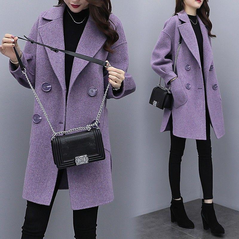 2025 Autumn/Winter Purple Wool Lantern Sleeve Mid-Length Women's Coat