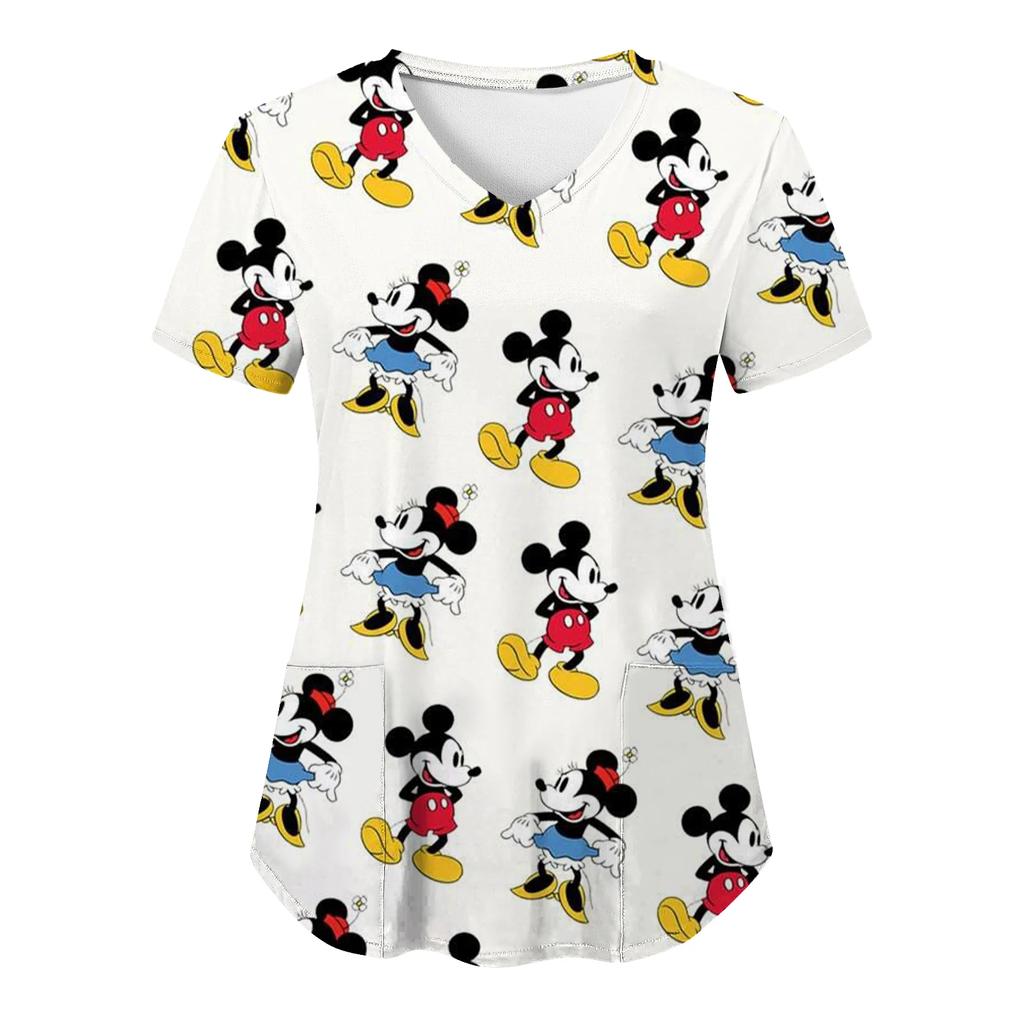 Miniso Minnie Mouse T-shirts V Neck Woman Clothes Hospital Tops Disney Top Women 2025 Nurse Uniform T-shirt Pocket Summer Tees