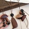 Wood chips irregular round square pendant necklace retro ethnic style collarbone chain design sense sweater chain women