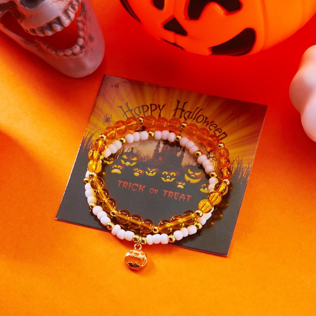 2Pcs/Set Halloween Pumpkin Spider Bracelets For Women Men Cute Cat Bat Ghost Couple Bangles Crystal Beads Bracelets Jewelry Gift