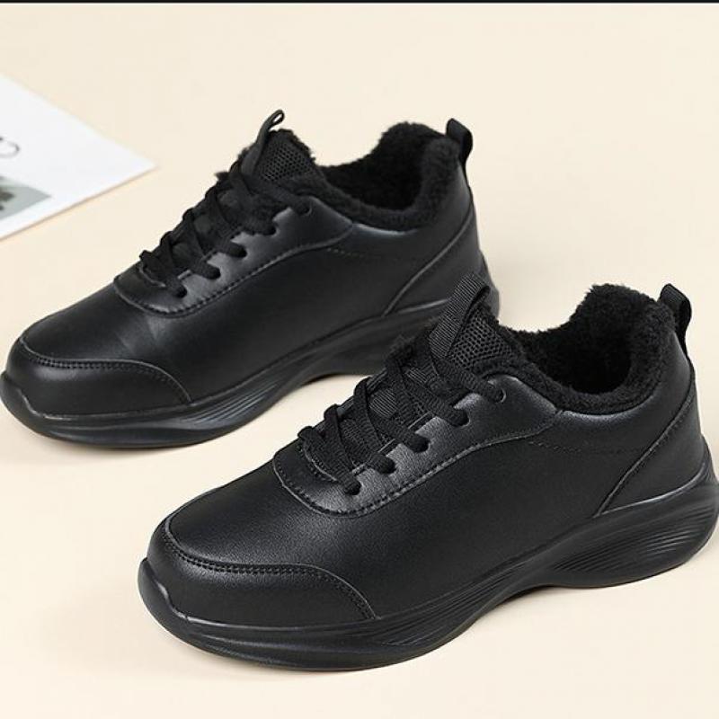 Women's Winter Sneakers With Fur Black Leather Sneakers Woman Non Slip Casual Shoes For Women Warm Waterproof Sport Shoes Ladies