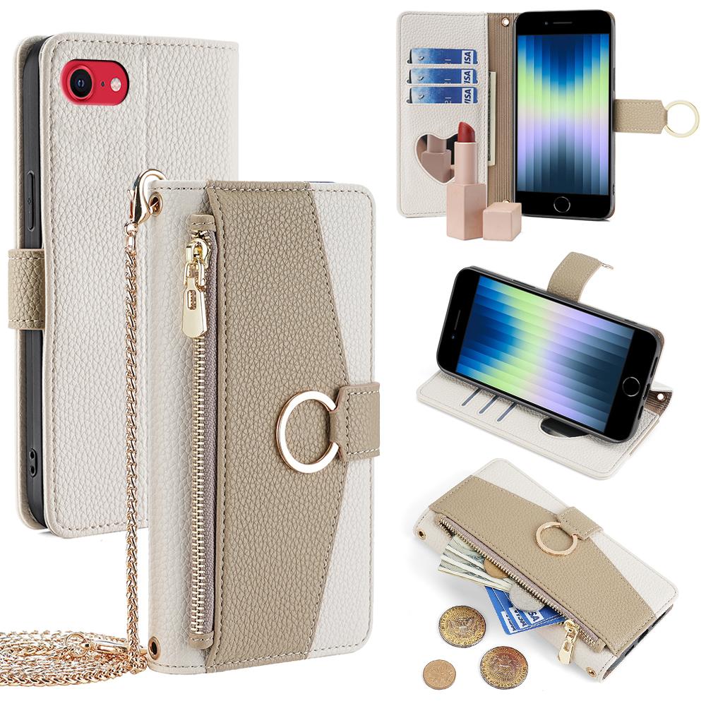 

For iPhone 7/8/SE (2020)/SE (2022) Case Metal Ring Zipper Pocket Crossbody Phone Cover White