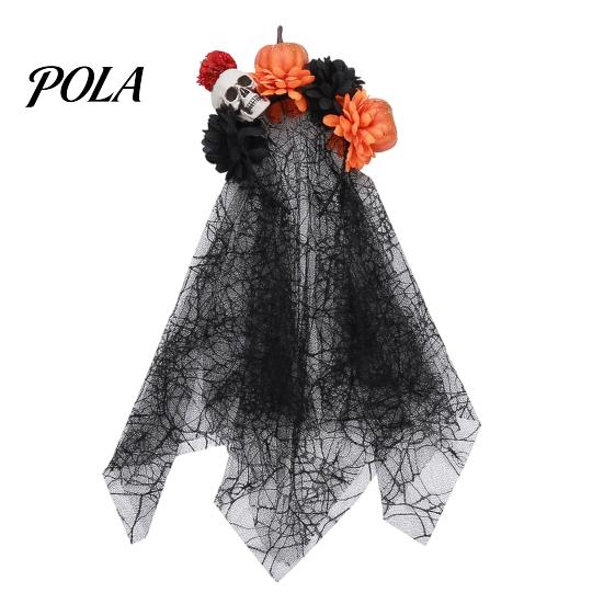 Gothic Halloween Headpiece Pumpkin Skull Floral Headband, Stable Hair Hoop with 3D Artificial Spooky Headband Flowers And Spiderweb Black Gauze Party