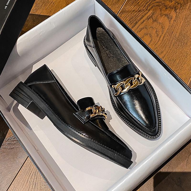 Pointed Toe Womens Loafers Shoes Metal Chain Clogs Platform Casual Female Sneakers Oxfords Slip-on Buckle Creepers On Heels Leat