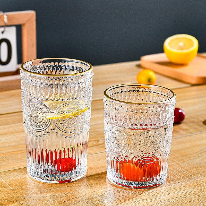 300ml/350ml Exquisite Whiskey Glass Sunflower Patterned Cocktail Glass Nordic Style Water Cup Golden Edged Glass Cup Coffee Mug