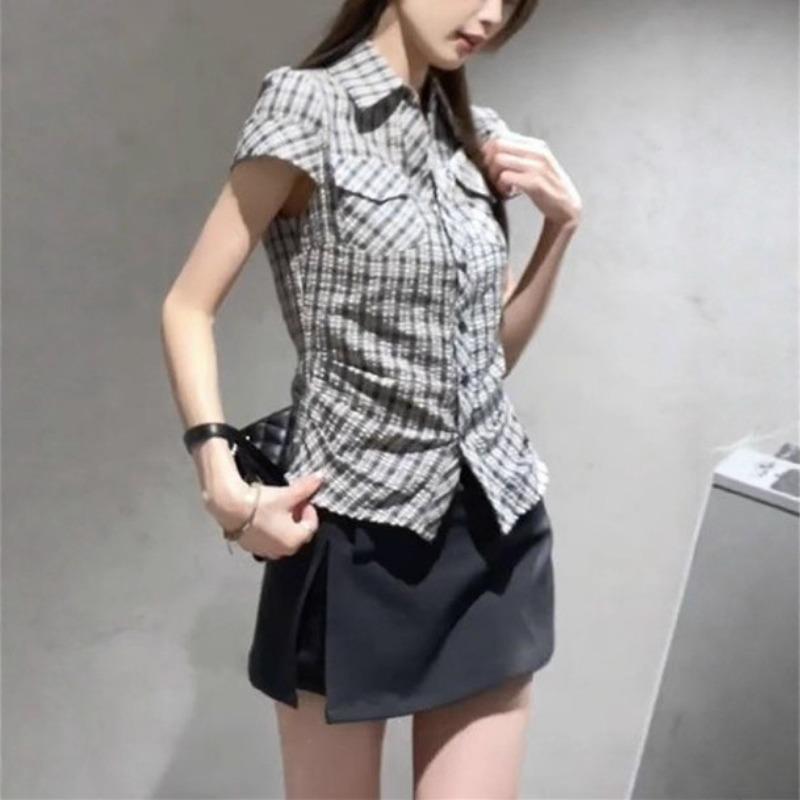 Retro Kariertes Kurzarmhemd für Damen Sommer Neues Temperament Hemd Slim Fit Top