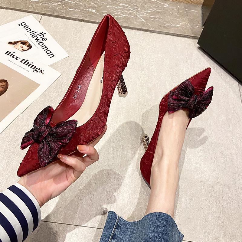 Green Silk Bowtie High Heels Pumps For Women Sexy Pointed Toe Metal Stiletto Heels Wedding Party Shoes Woman Spring Bombas