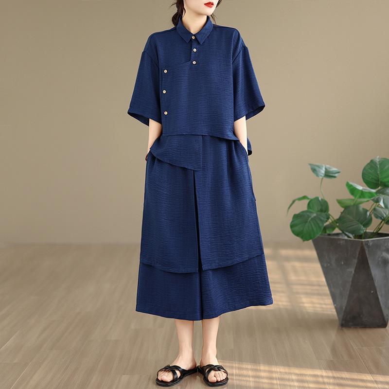 

Spring/Summer 2026 Women s Artistic Irregular Top & Elastic Waist Wide-Leg Pants Set 2XL синій