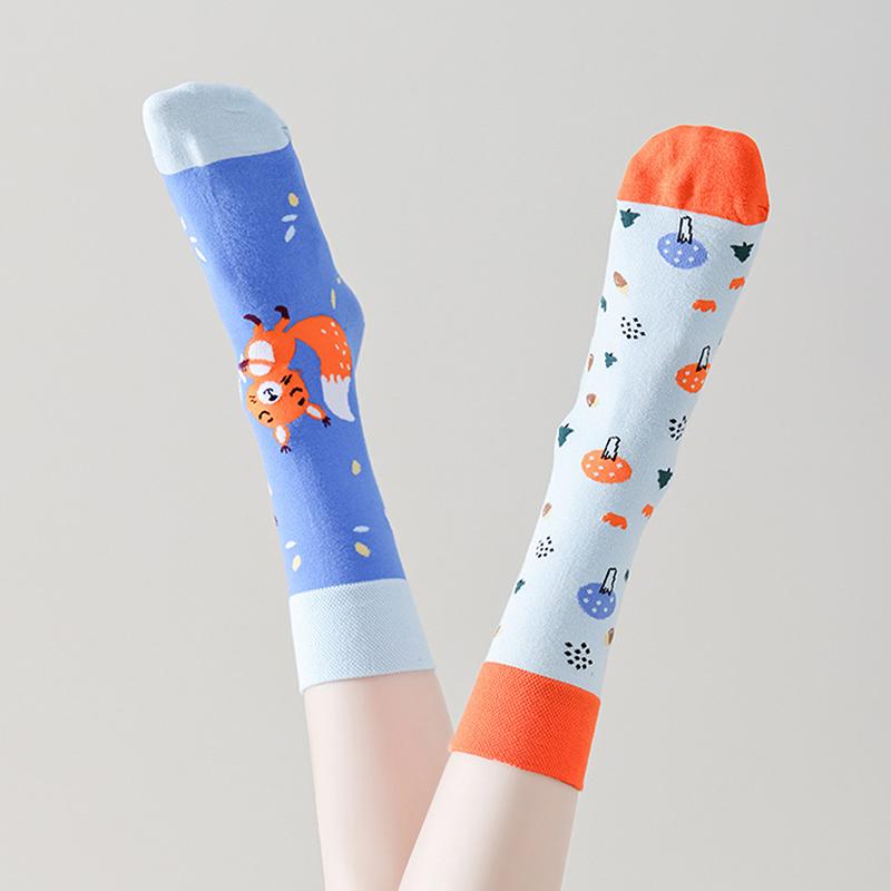 Asymmetric Autumn Winter Women Socks Funny Cute Cartoon Cat Embroidery Animal Ab Interesting Mid Tube Socks