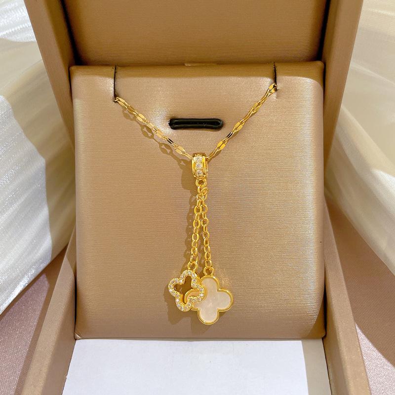 Titanium Steel Micro-Inlaid Gold Plated Women's Lucky Bead Necklace - Trendy Clavicle Chain Accessory
