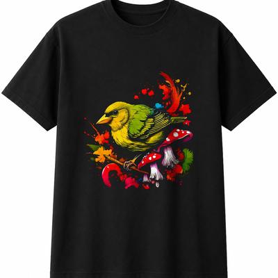 Greenfinch with Mushrooms Bird Mens Womens T-Shirt Unisex Novelty Gift Tee Funny