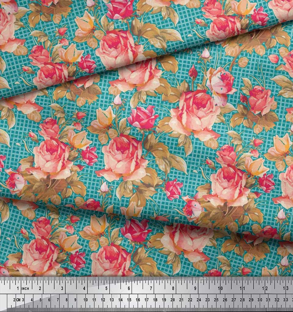 Soimoi Japan Crepe Satin Stoff Sjekk, Blader & Rose Blomstertrykk Sy Stoff meter 42 tommer