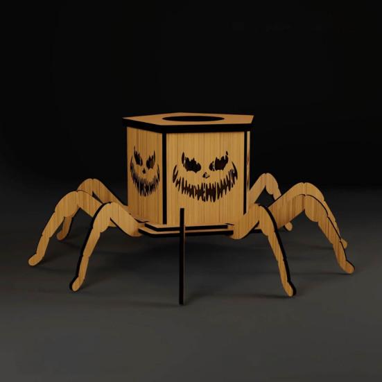 Halloween Lighted Pumpkin Lantern LED Wooden Spider Pumpkin Lamp with Spooky Face for Halloween Party Home Yard Decor
