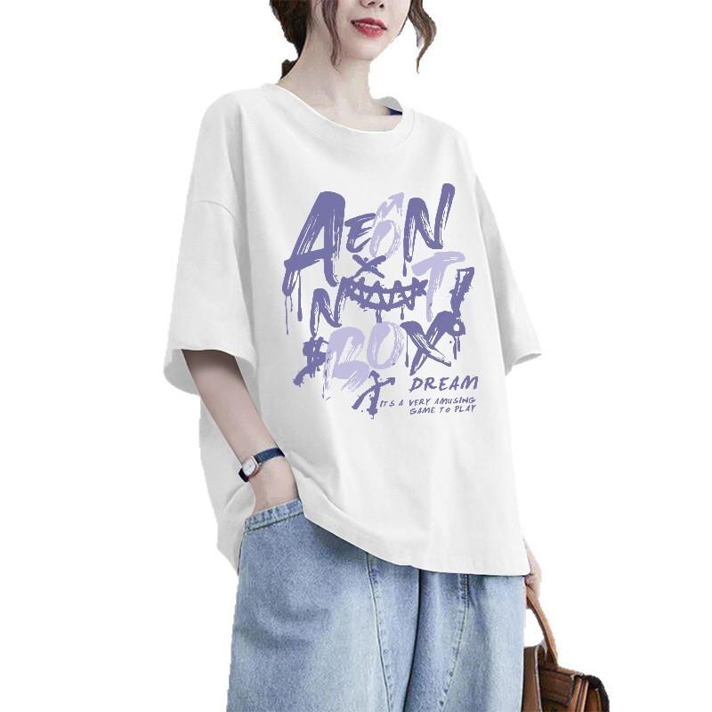 Women s White Oversized T-Shirt with Purple Graffiti Print S белый
