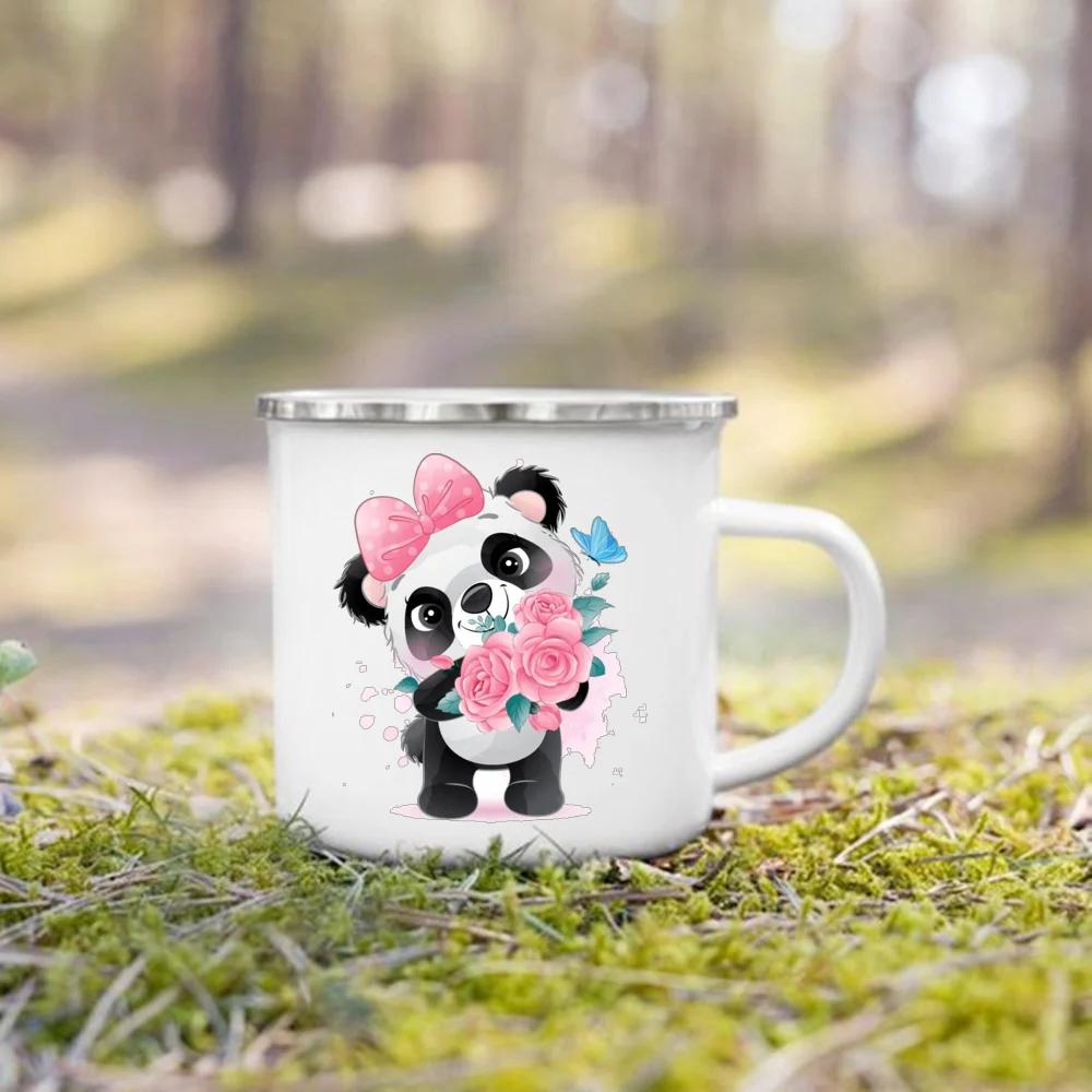 Flower Panda Printed Creative Enamel Water Cup Drink Dessert Breakfast Milk Cups Kid Mugs Handle Mug Birthday Gifts for Childen