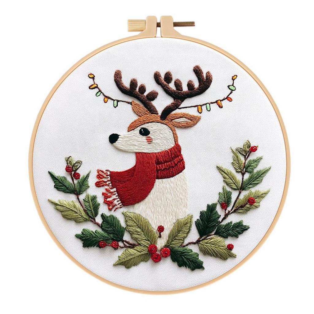 1set Christmas Embroidery KIT Christmas Deer Embroidery Kit English Needle Instructions DIY Embroidery Handmade Fabric Material Kit