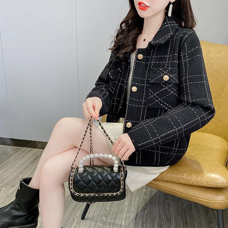 Woolen Cardigan Coat Women Spring and Autumn 2023 Versatile Foreigner Plaid Short Long Sleeve Casual Jacket Cardigan Female Top