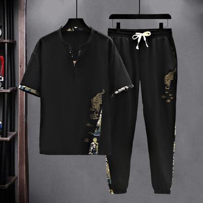 2 stuks/set heren zomeroutfit staande kraag korte mouw t-shirt elastische taille trekkoord ijs zijde broek set tijgerprint casual pak