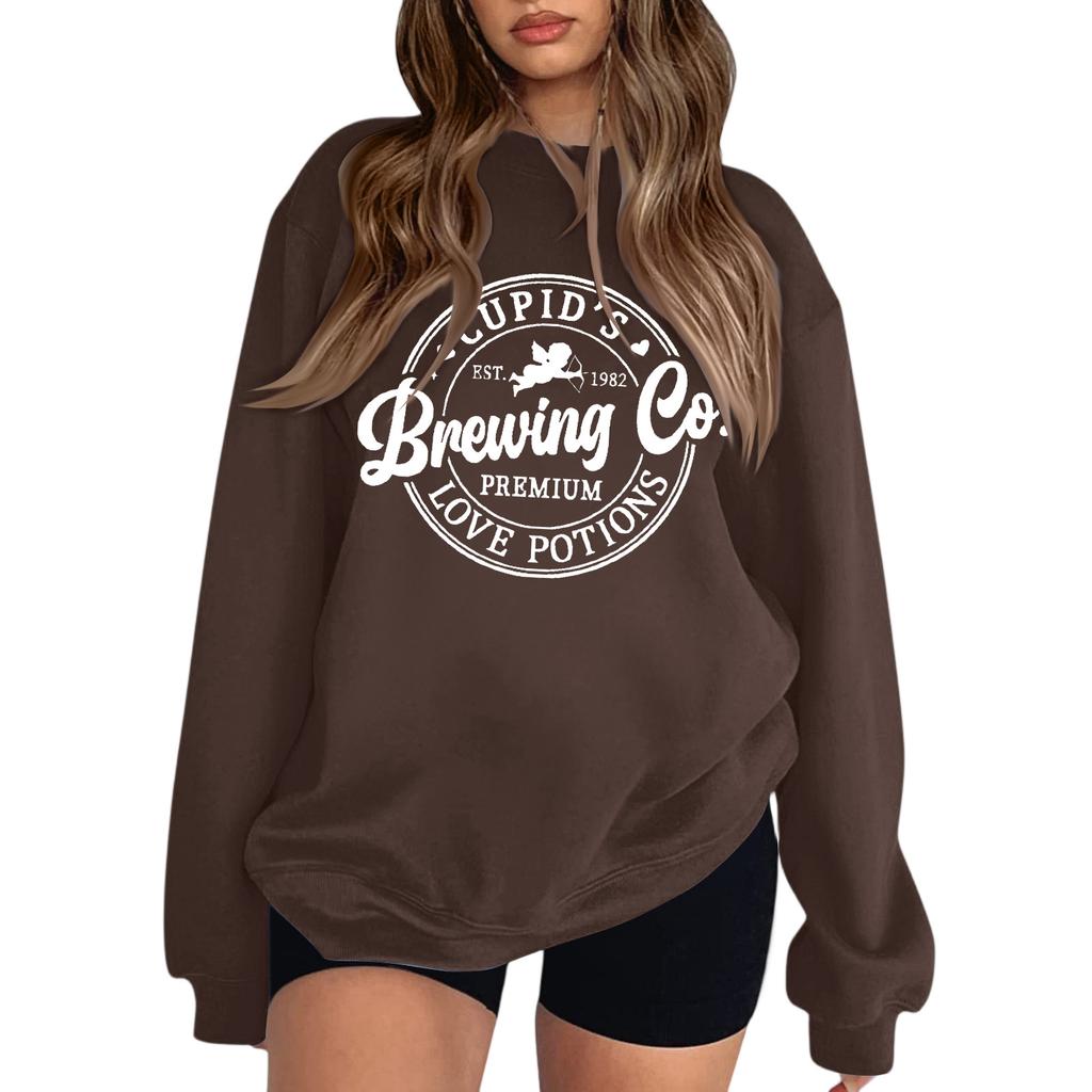 Women's Fashion Round Neck Long Sleeve Solid Color Valentine's Day Letter Top Sweatshirt