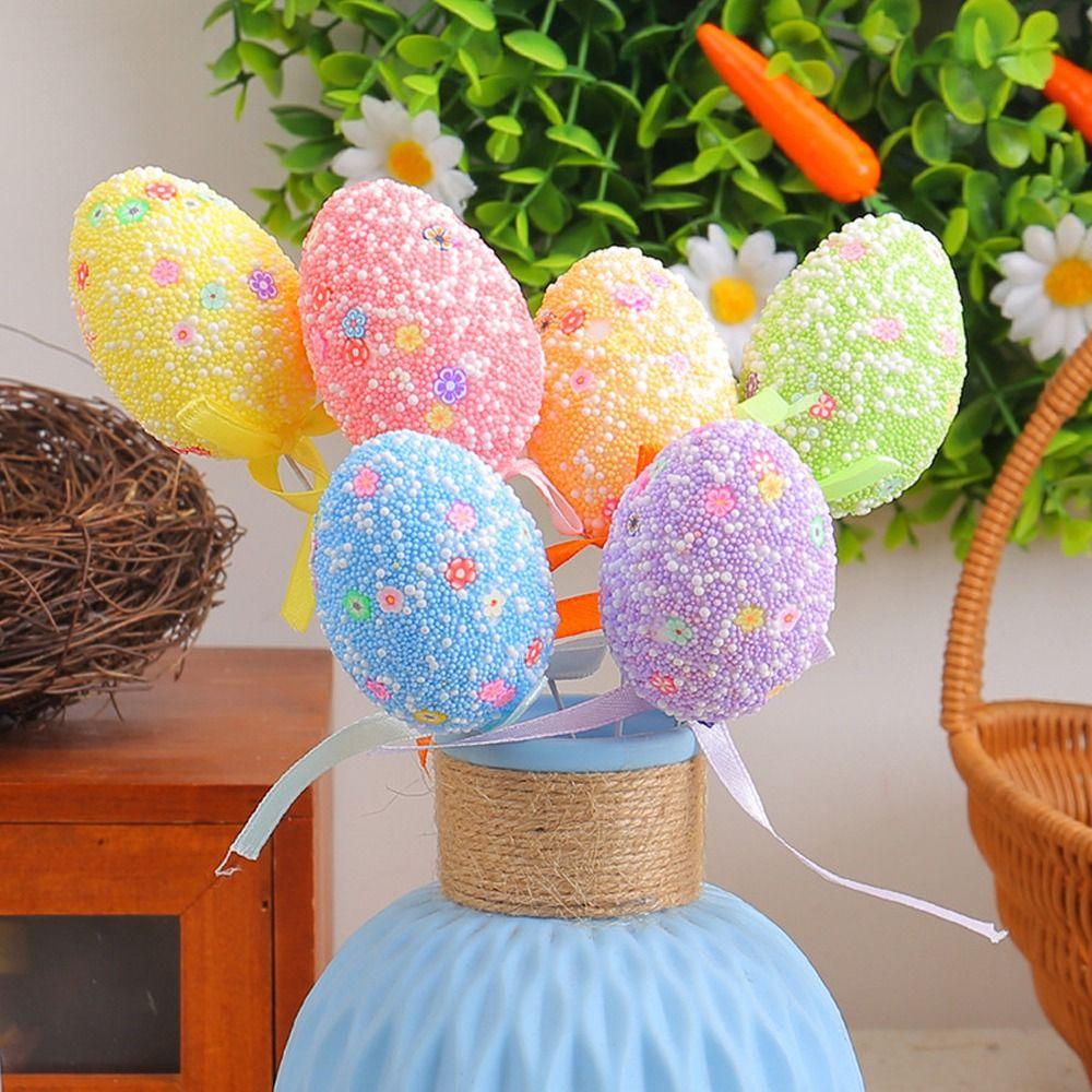 6pcs Foam Artificial Easter Eggs Stem DIY Crafts Simulation Egg Ornament  Happy Easter Decorations