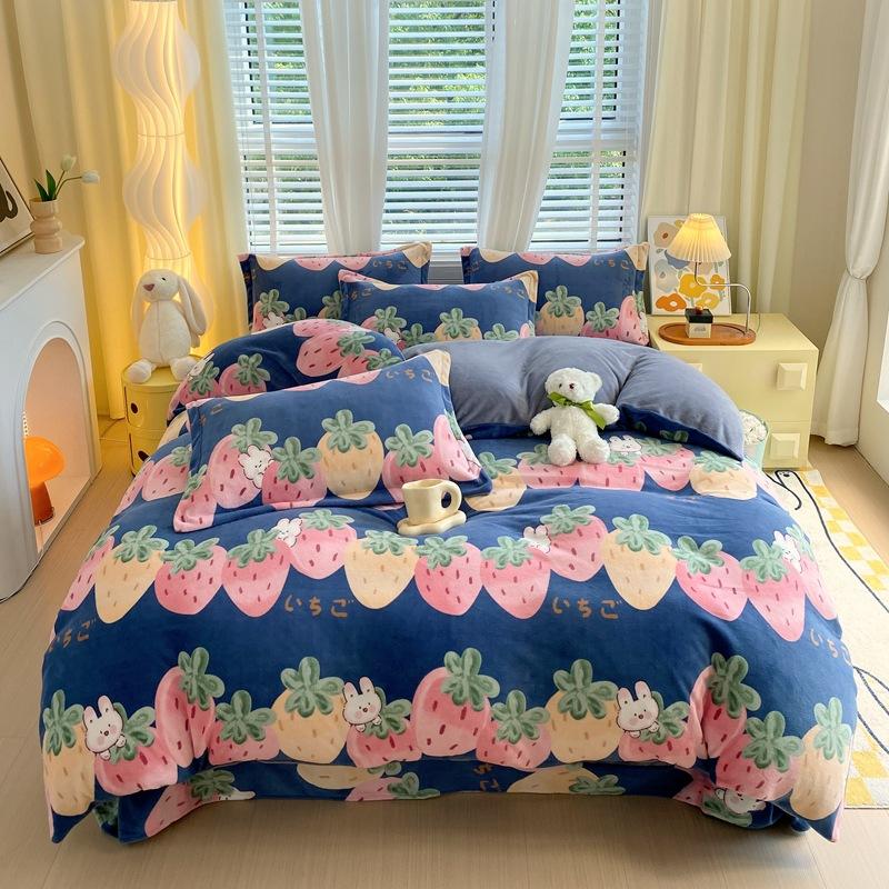 Set din patru piese din catifea cu lapte proaspăt de iarnă, husă de pilotă din flanel din catifea cu două fețe cu imprimare antistatică și set din trei piese din catifea