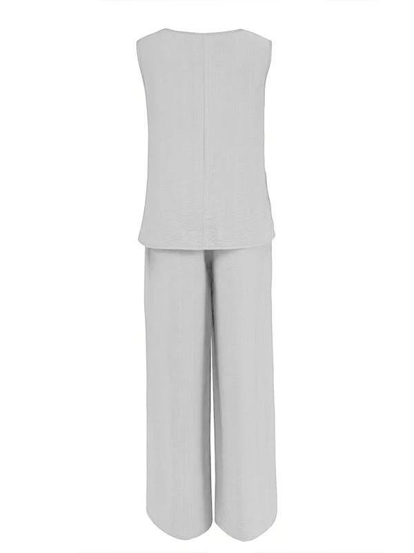 

Женский темно-зеленый топ без рукавов с V-образным вырезом и комплект брюк широкого кроя, повседневно-элегантный наряд с золотыми аксессуарами XXL белый