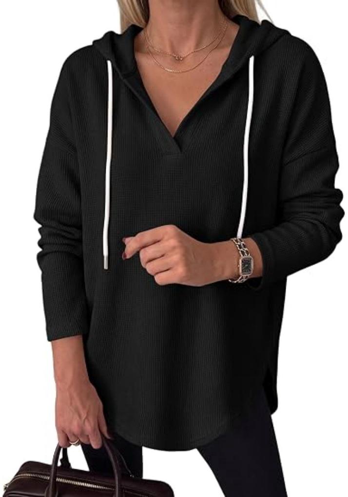 Women's Waffle Knit Long Sleeve V-Neck Solid Hooded Sweatshirt - Autumn/Winter 2026 Collection