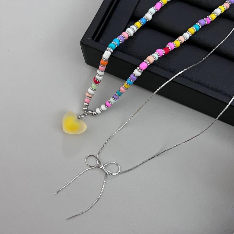 Cute Heart Bead Necklace Heart Charming Choker Chain Jewelry Girls Teen Eye-catching Snake Bone Chain Bowknot Necklace