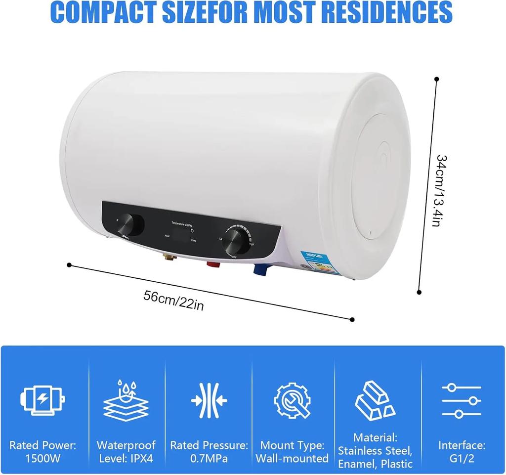 1500W Elektrischer Warmwasserbereiter, 110V Wandmontierter Warmwasserbereiter mit 10 Gallonen Tank, IPX4 Wasserdicht, Mit Duschkopf & Wasserhahn (50L)