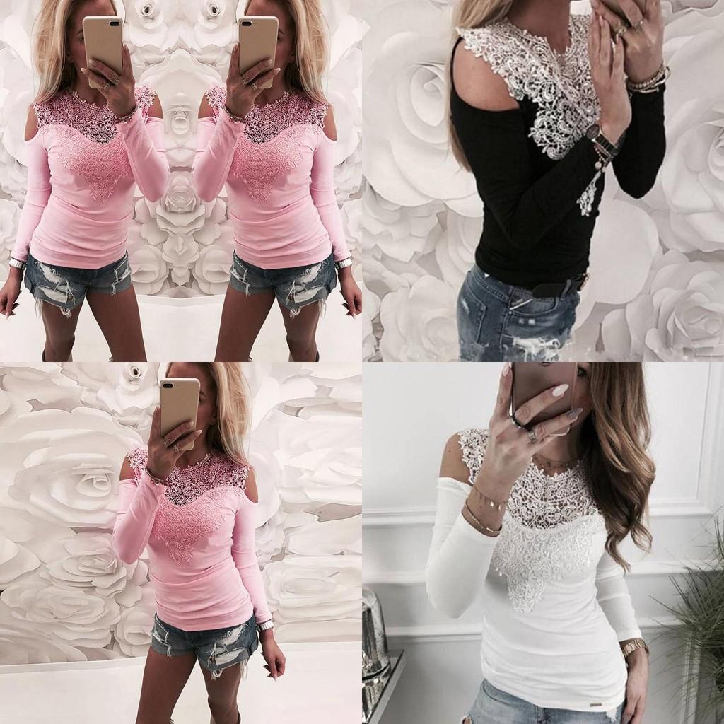 Elegant Spring Collection Sexy Lace Shoulder Cutout Cotton T-shirt Top In Gray Pink White And Black
