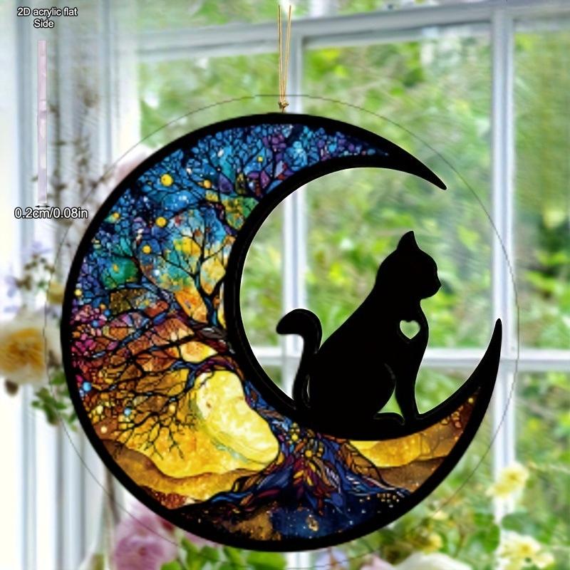 Cat Moon Tree of Life Theme Sun Catcher Acrylic Hang Sign, Nurseries, Vintage Home Decor Wall for Bar Kitchen, Restaurant Shop Wall Decor, Gar