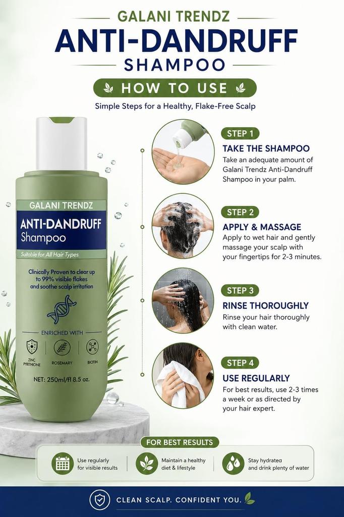 Anti-Dandruff Shampoo with Zinc, Rosemary & Biotin | Scalp Care Formula for Flake Control & Hair Nourishment | Suitable for All Hair Types | 250ml