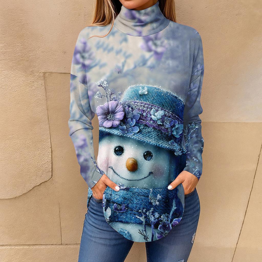 Women's Fashionable Casual High Neck Printed Long Sleeve T-Shirt Pullover Top